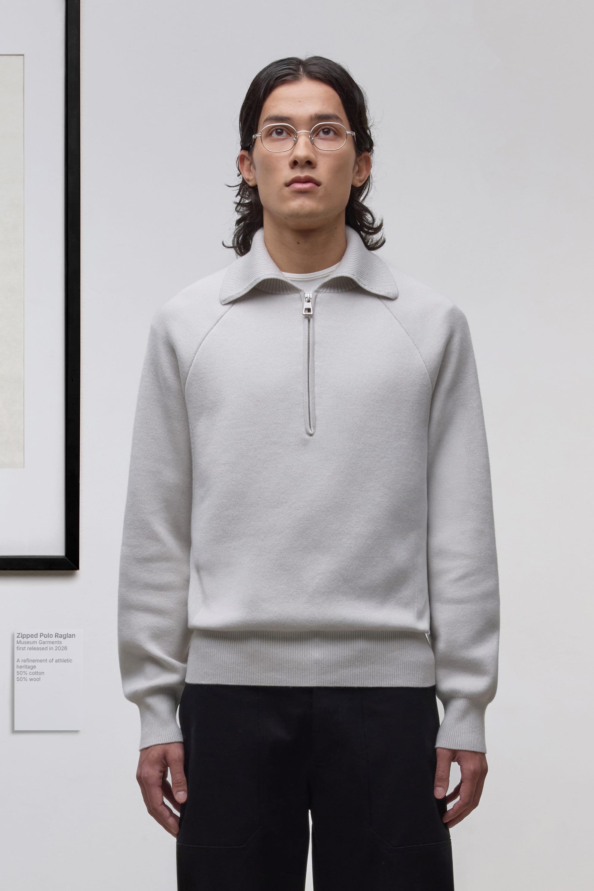 Raglan Zipped Polo - Merino Wool and Cotton blend - Light Grey Melange