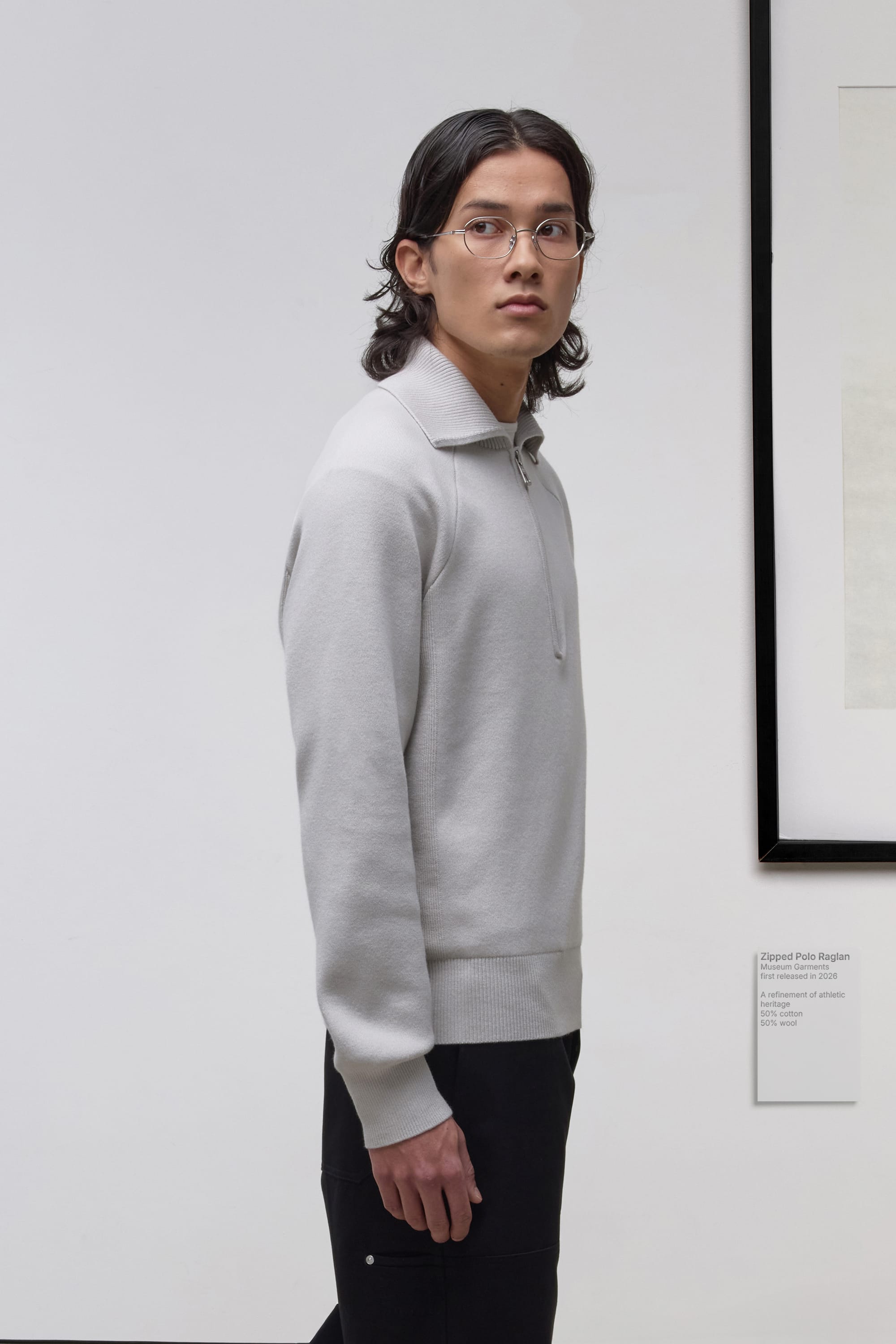 Raglan Zipped Polo - Mélange de laine mérinos et de coton - Light Grey Melange